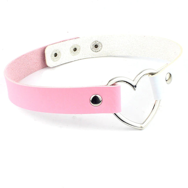 Leather Heart Choker White and Pink