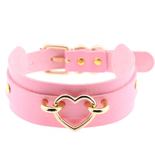 Golden Heart Pink Leather Collar