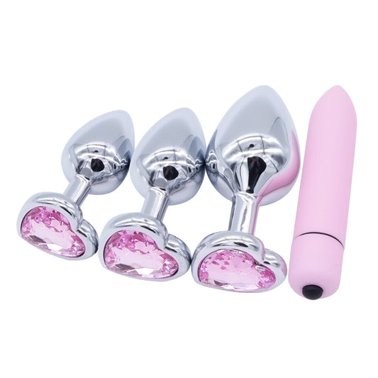 Pink Heart Metal Butt Plug Set And Vibrator