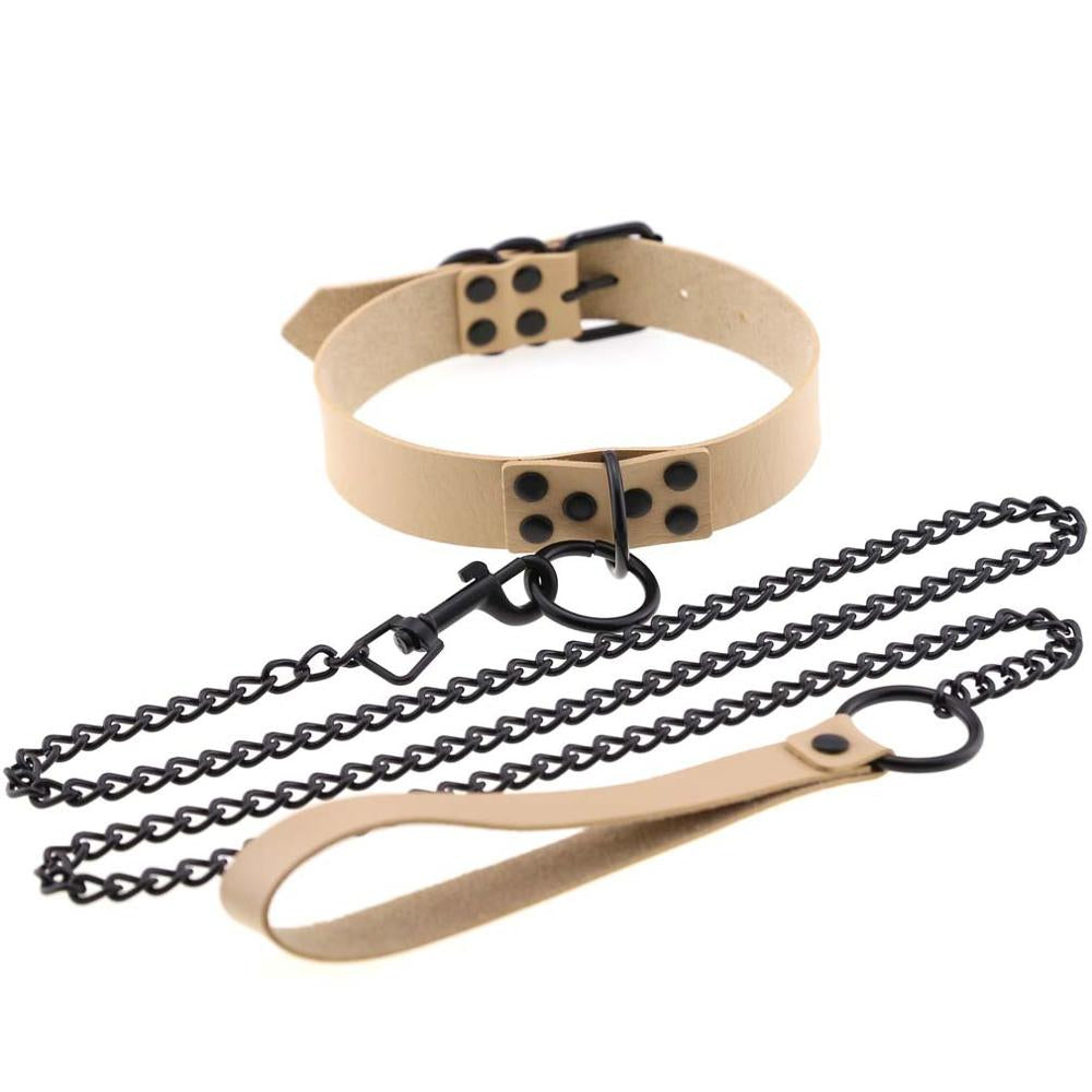 Beige Leather Collar With Black Chain Leash