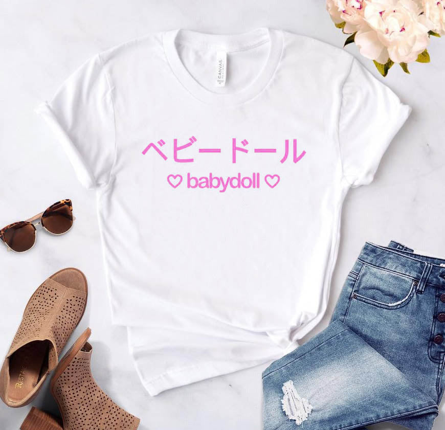 Babydoll Harajuku T-shirt White With Pink Letters