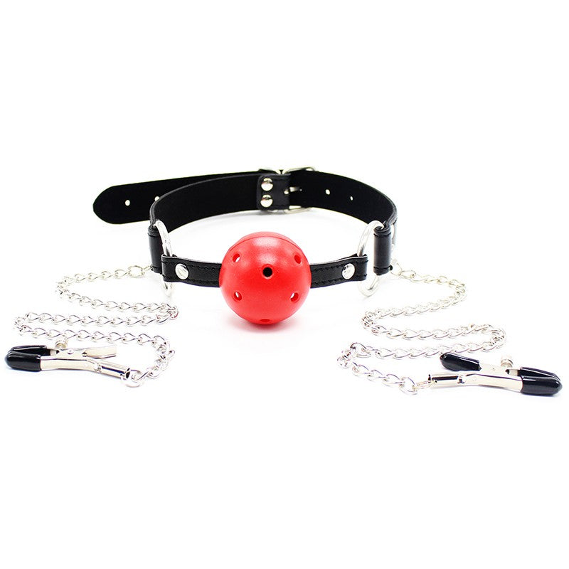 Ball Gag with Nipple Clamps Red