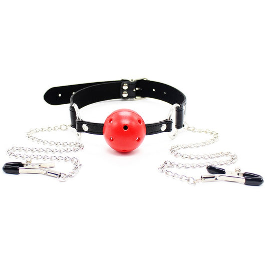 Ball Gag with Nipple Clamps Red