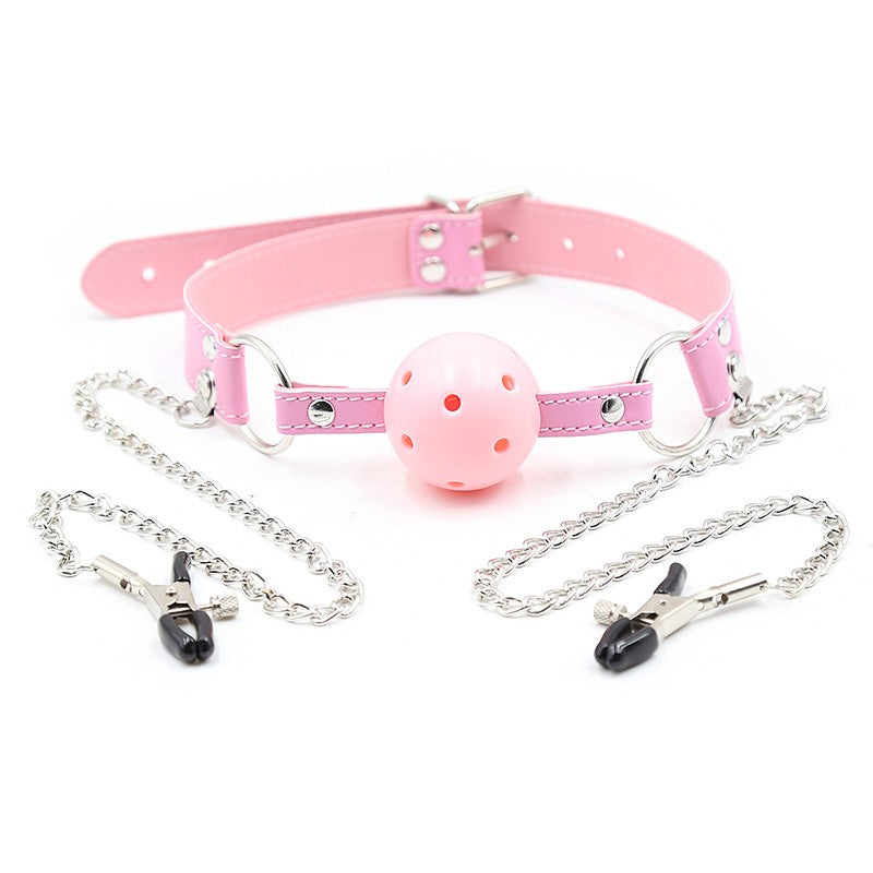 Ball Gag with Nipple Clamps Pink
