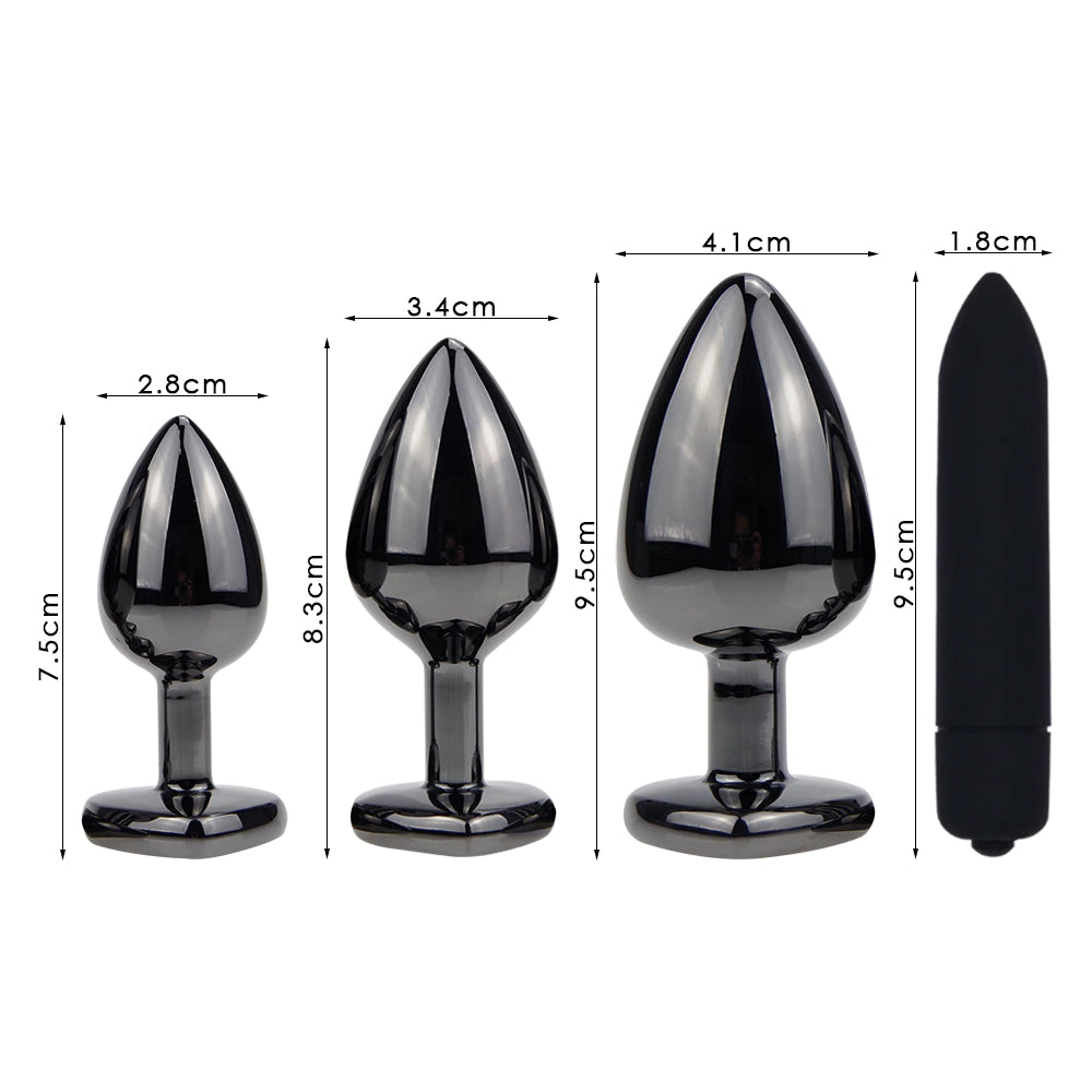 Black Heart Plug Set + Vibrator - Measurements