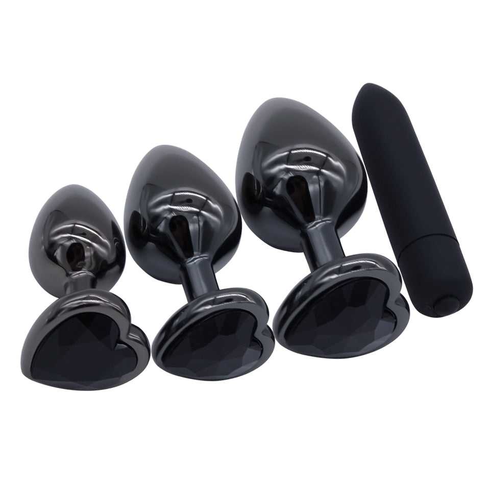 Black Heart Plug Set + Vibrator - Black