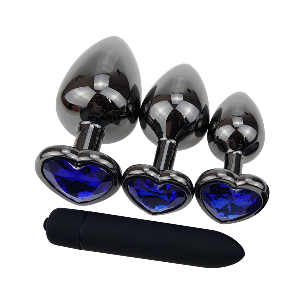 Black Heart Plug Set + Vibrator - Blue