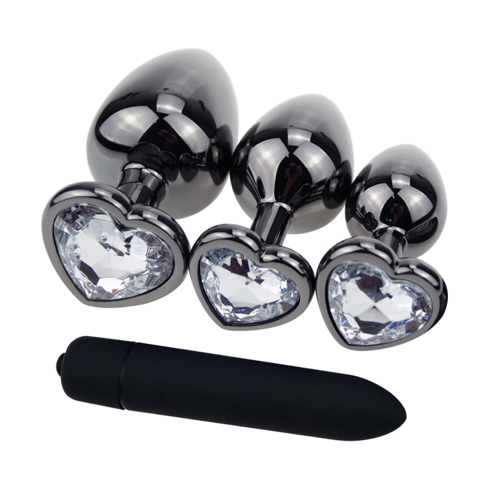 Black Heart Plug Set + Vibrator - White