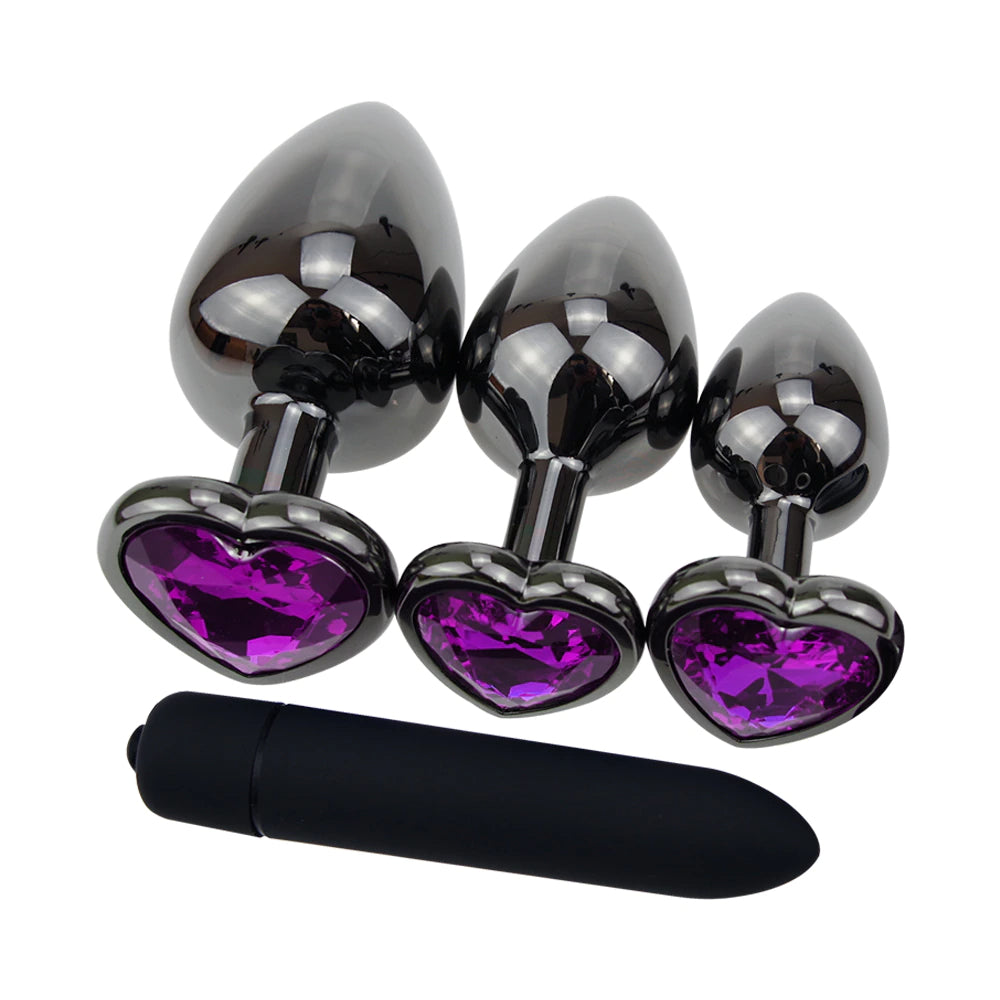 Black Heart Plug Set + Vibrator - Purple
