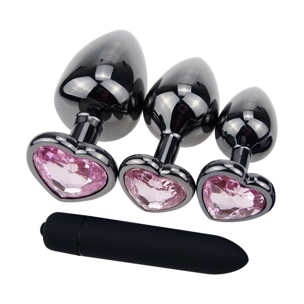 Black Heart Plug Set + Vibrator - Pink