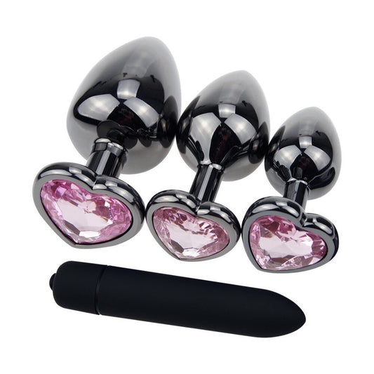 Black Heart Plug Set + Vibrator - Pink