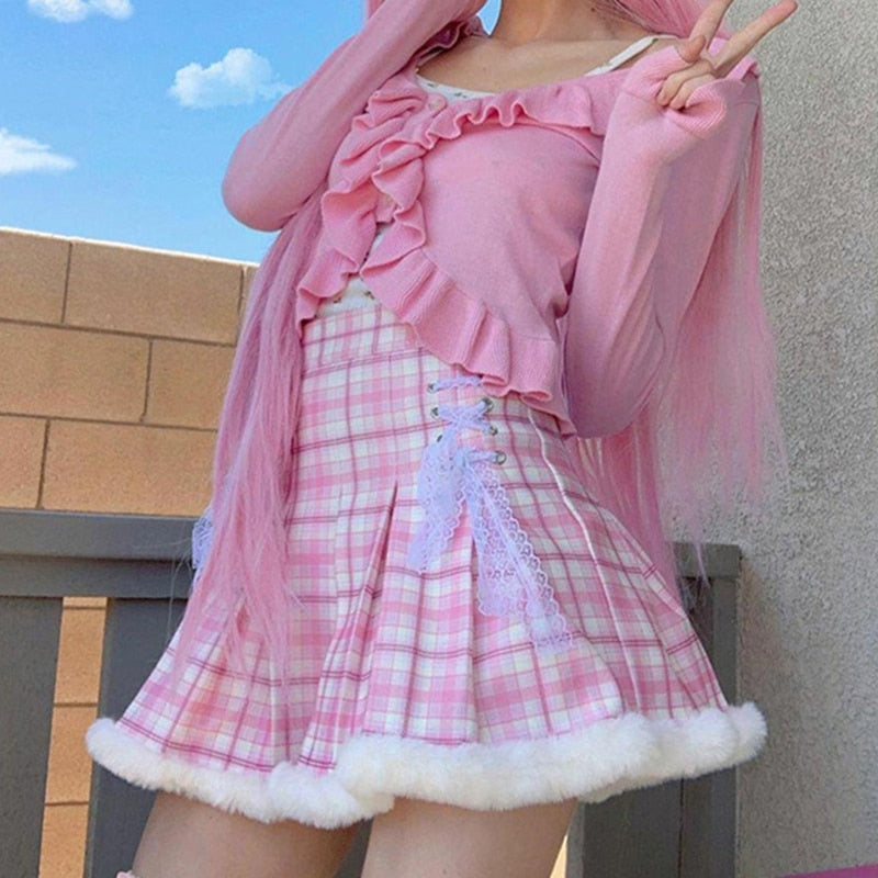Candy Lolita Plaid Fur Skirt Pink