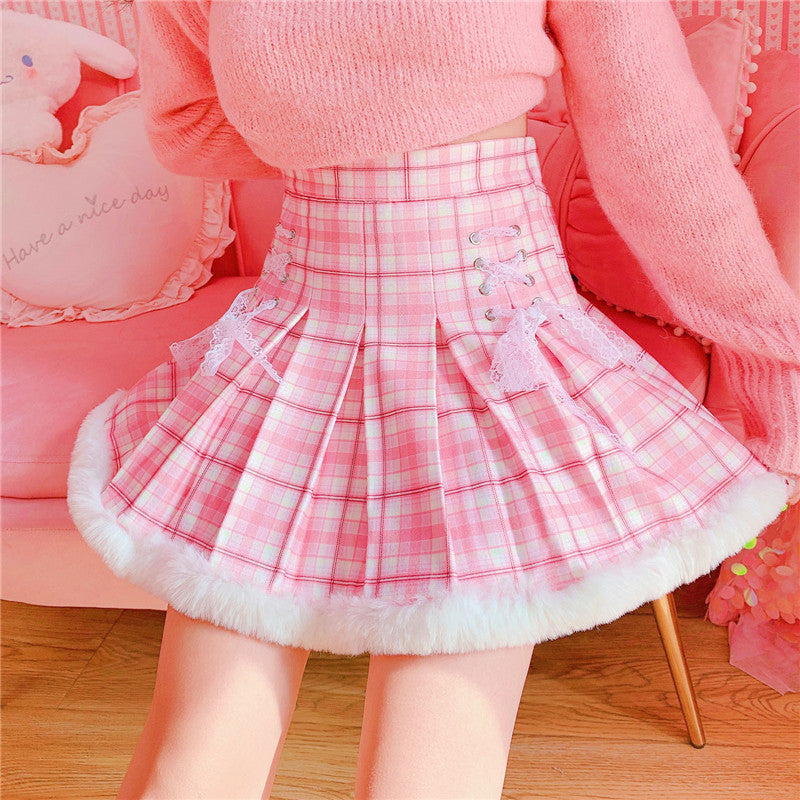 Candy Lolita Plaid Fur Skirt Front Side