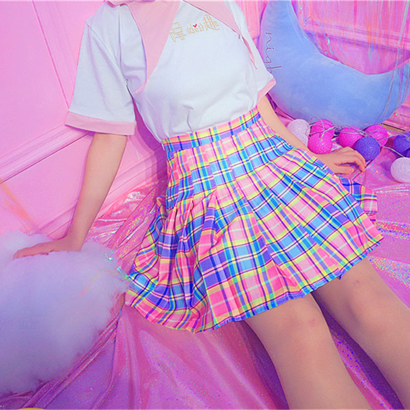 Cotton Candy Plaid Skirt Close Up