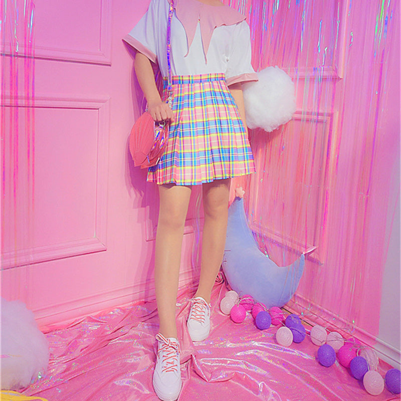 Cotton Candy Plaid Skirt Front Side