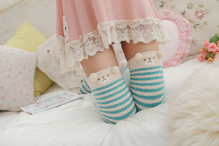 Blue Striped Bear Thigh High Stockings