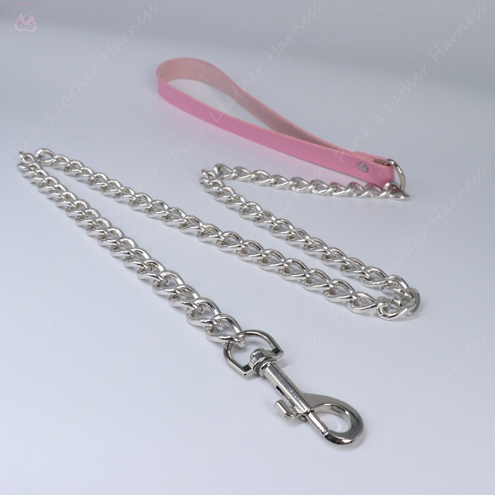 Leather Chained Leash Pink