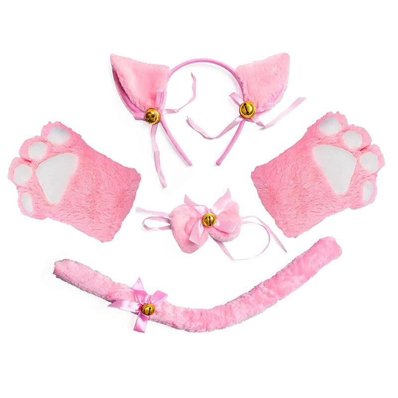 Catgirl Ears And Mittens And Tail Set Pink