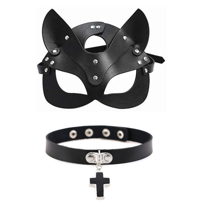 Leather Cat Mask & Choker Black