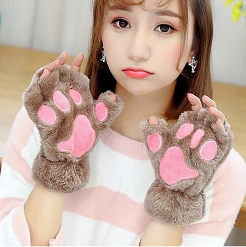 Fingerless Cat Mittens Brown