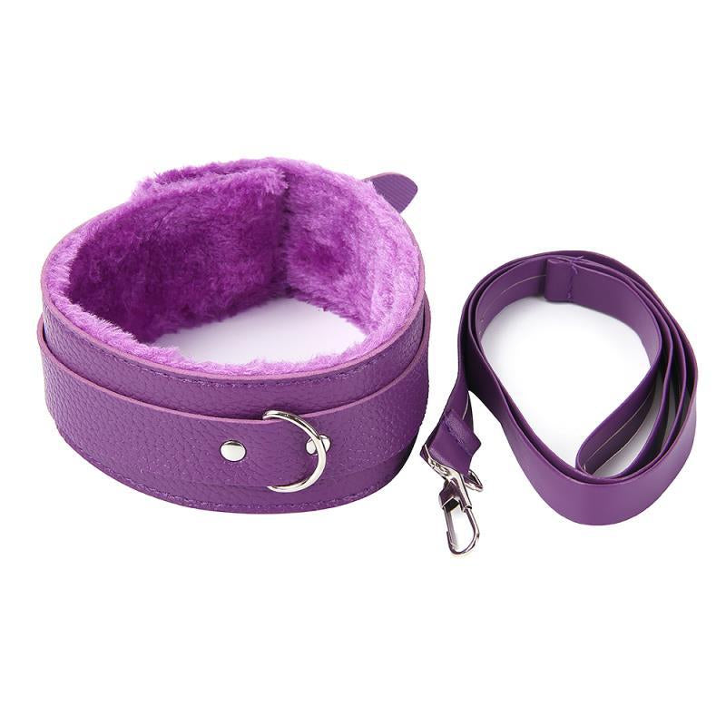 Fur lined Leather Collar with Leash Purple