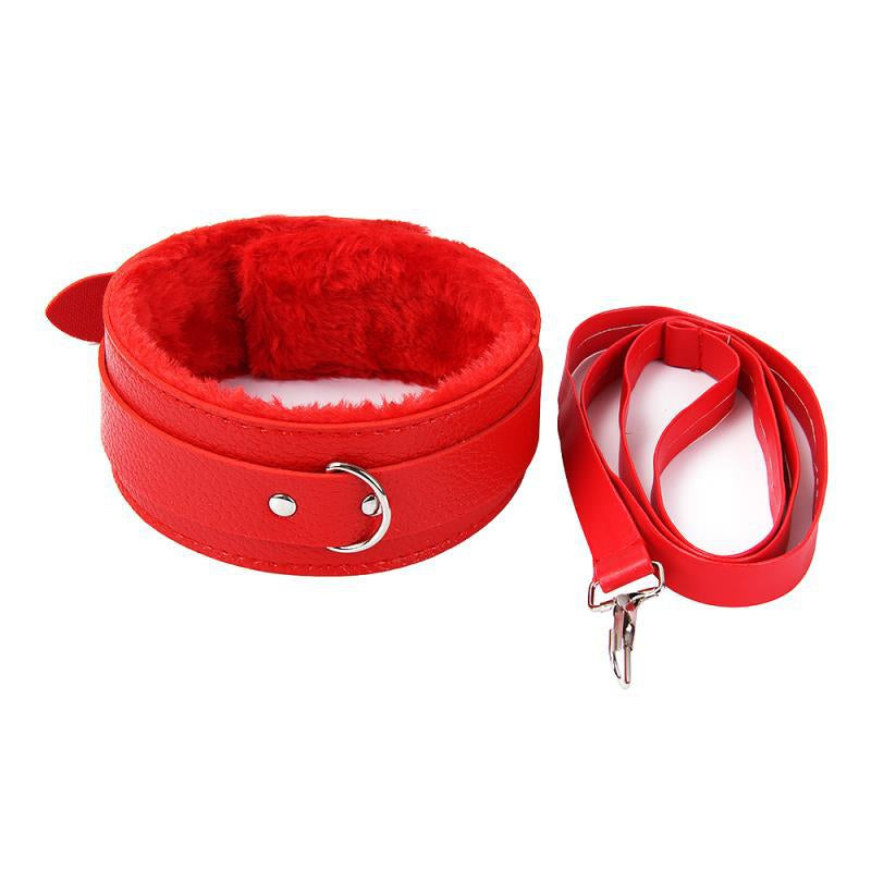 Fur lined Leather Collar with Leash Red