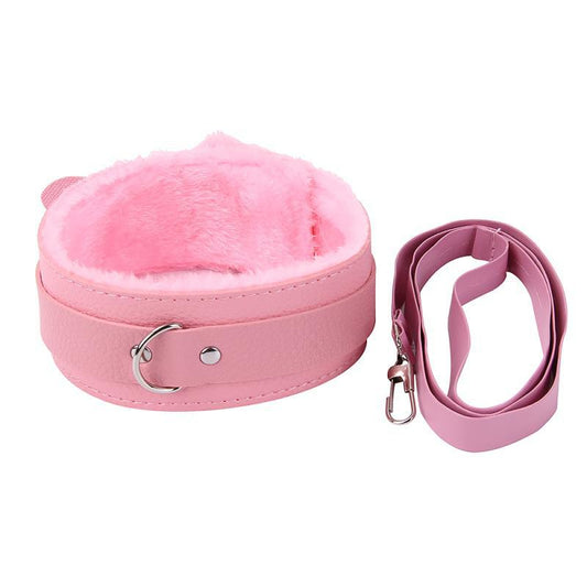 Fur lined LeatherCollar with Leash Pink