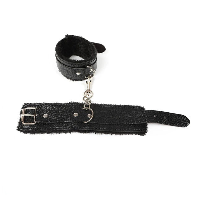 Black Fur lined Bondage Handcuffs with Chains