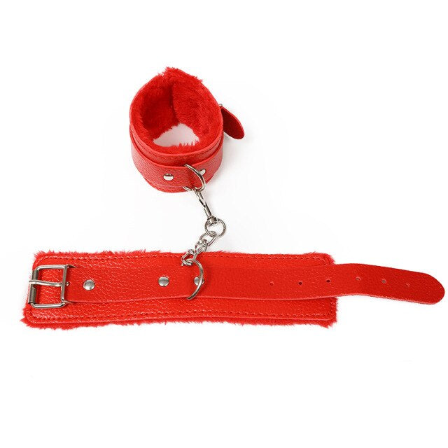 Red Fur lined Bondage Handcuffs with Chains Close Up