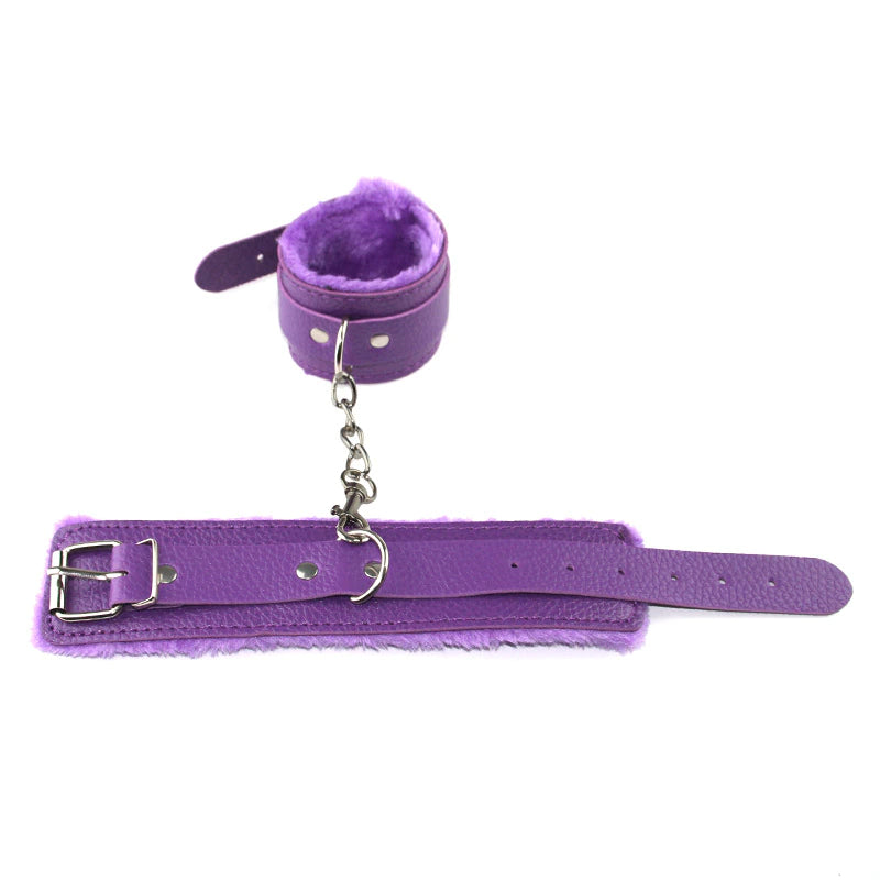 Purple Fur lined Bondage Handcuffs with Chains Close Up