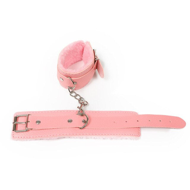 Pink Fur lined Bondage Handcuffs with Chains Close Up