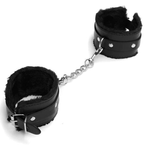 Black Fur lined Bondage Handcuffs with Chains