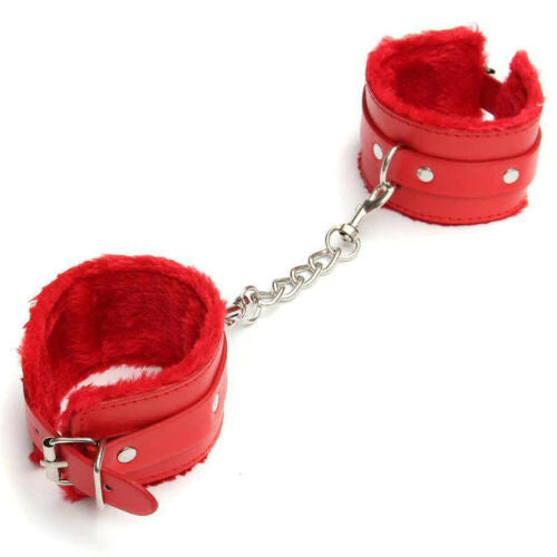 Red Fur lined Bondage Handcuffs with Chains