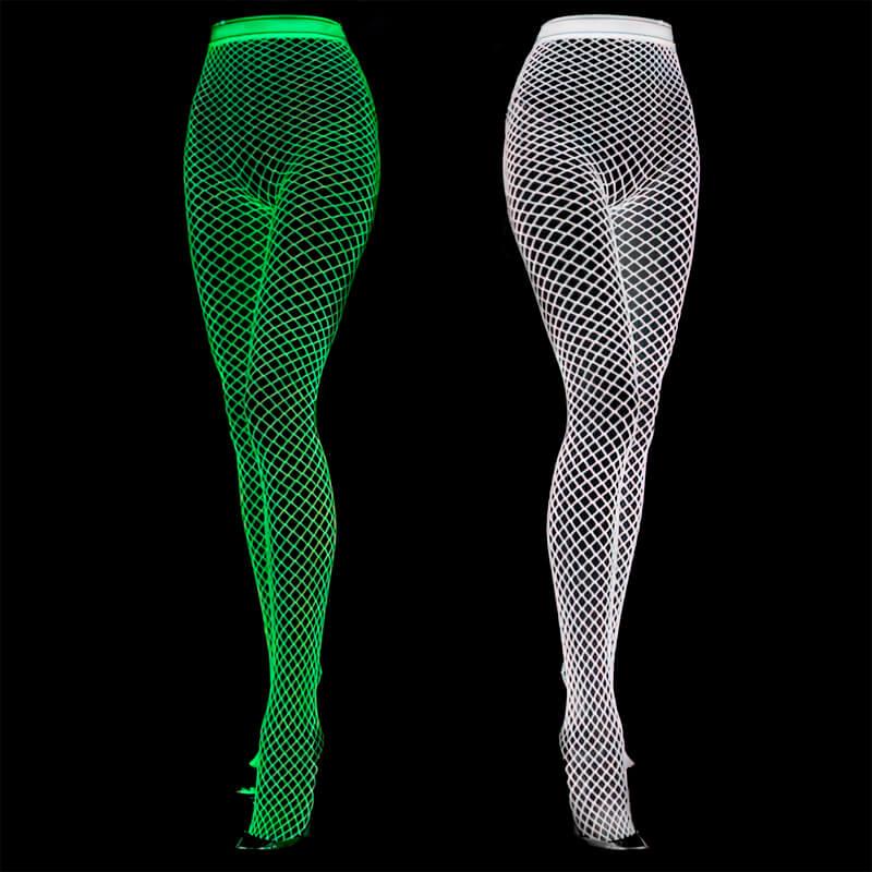 Glow in the Dark Fishnet Stockings Lit and Unlit