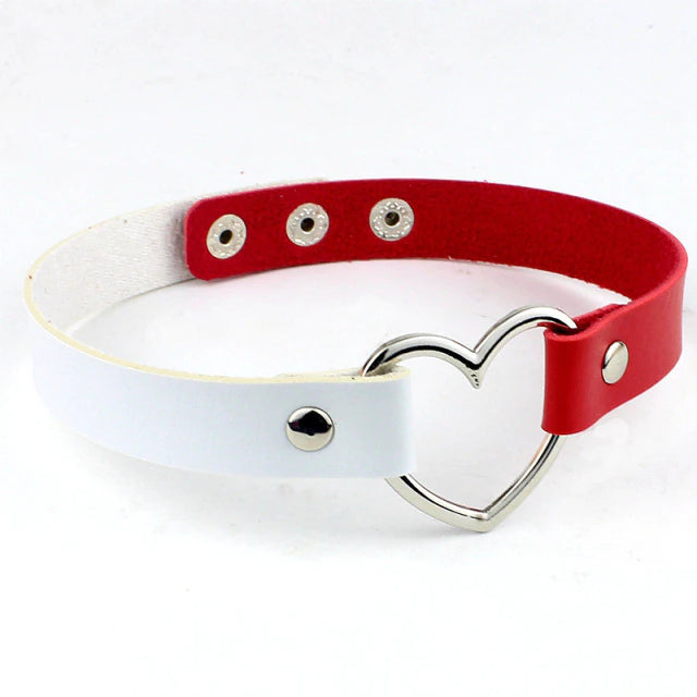 Leather Heart Choker White and Red