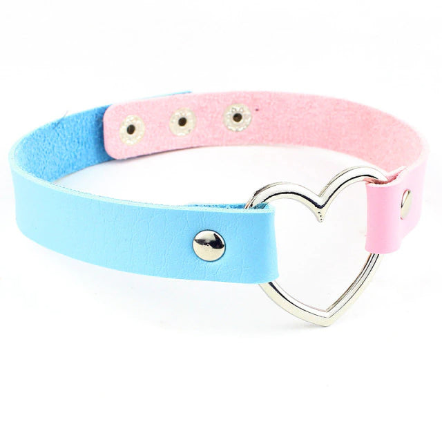 Leather Heart Choker Blue and Pink