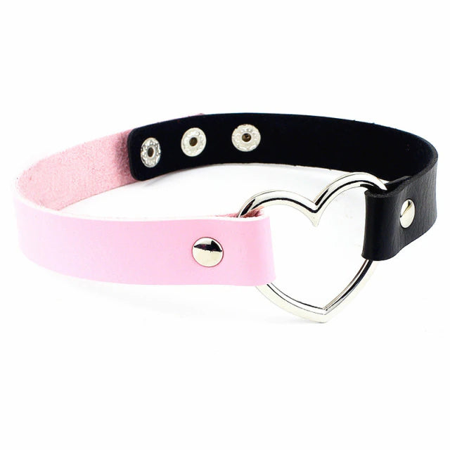 Leather Heart Choker Black and Pink