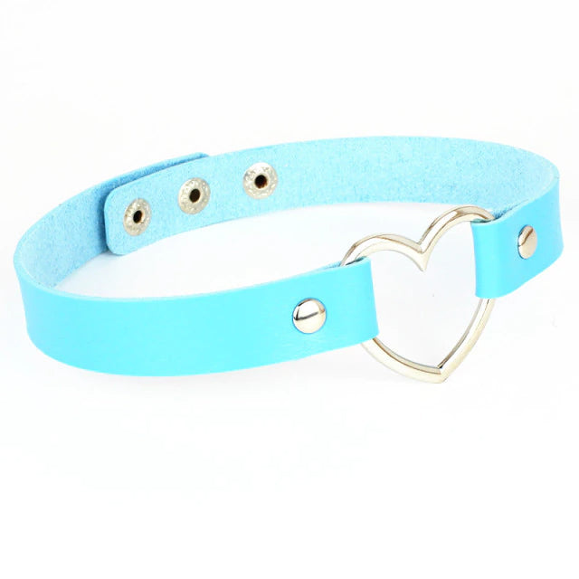 Leather Heart Choker Blue