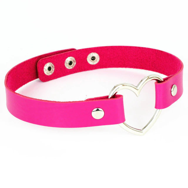 Leather Heart Choker Dark Pink