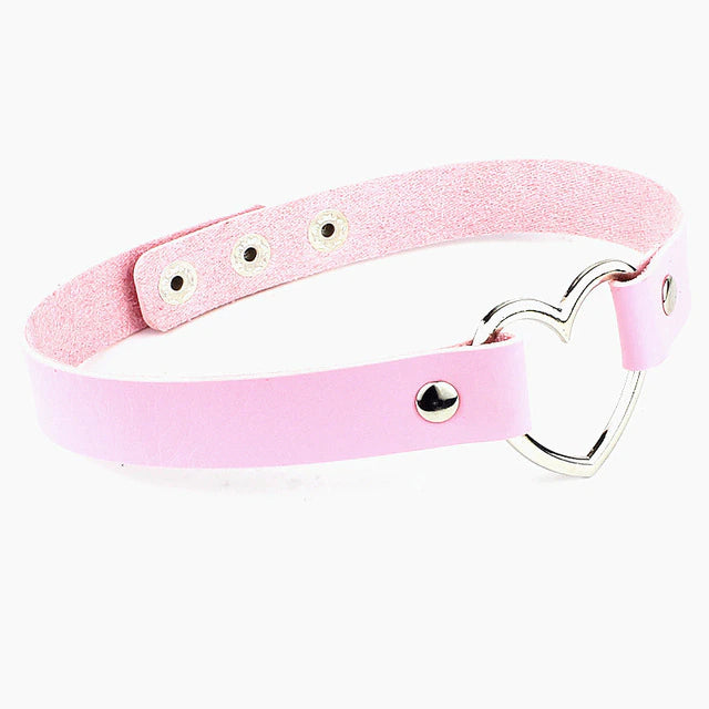 Leather Heart Choker Pink