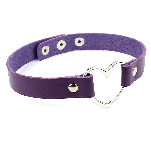 Leather Heart Choker Purple
