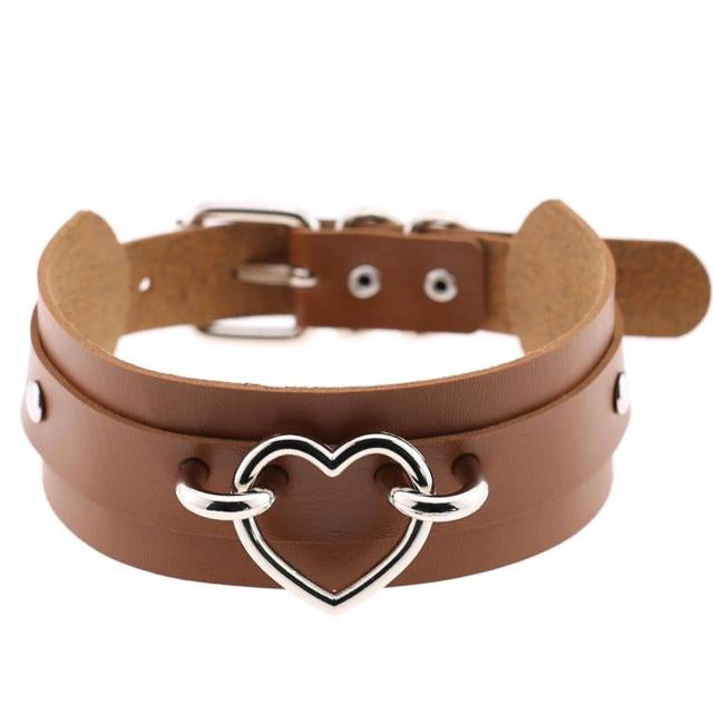 Silver Heart Brown Leather Collar