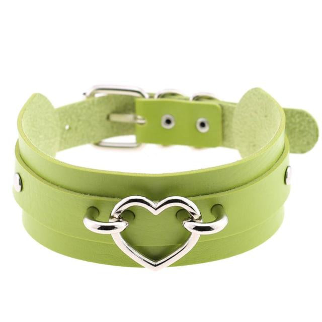 Silver Heart Green Leather Collar
