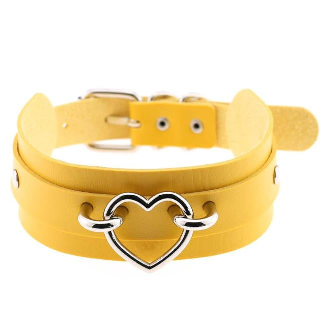 Silver Heart Yellow Leather Collar