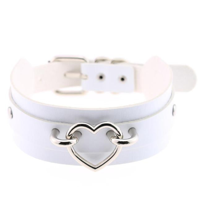 Silver Heart White Leather Collar