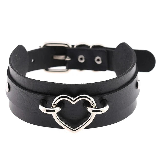 Silver Heart Black Leather Collar