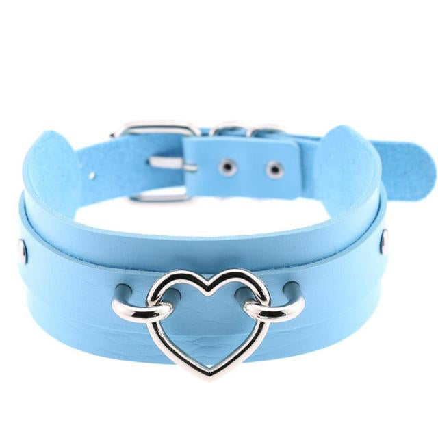 Silver Heart Light BlueLeather Collar