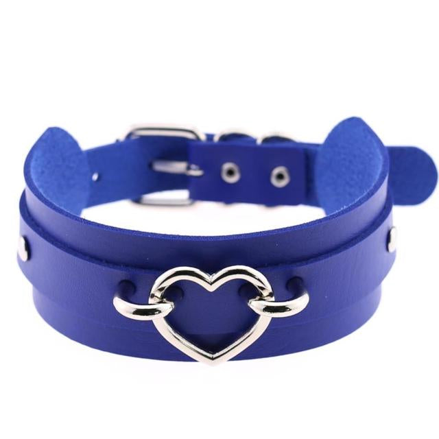 Silver Heart Blue Leather Collar