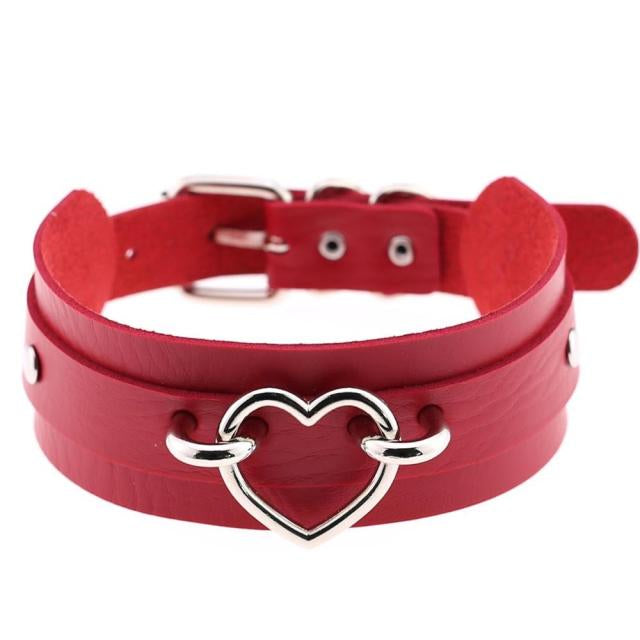 Silver Heart Red Leather Collar