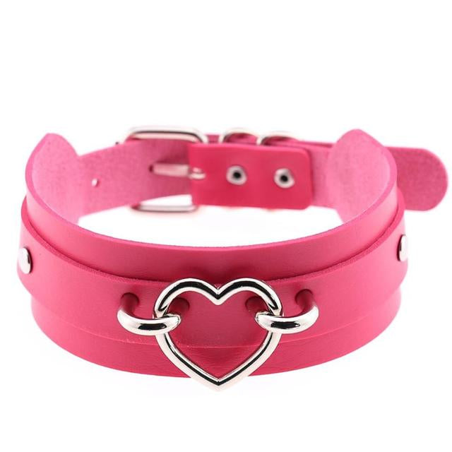 Silver Heart Dark Pink Leather Collar